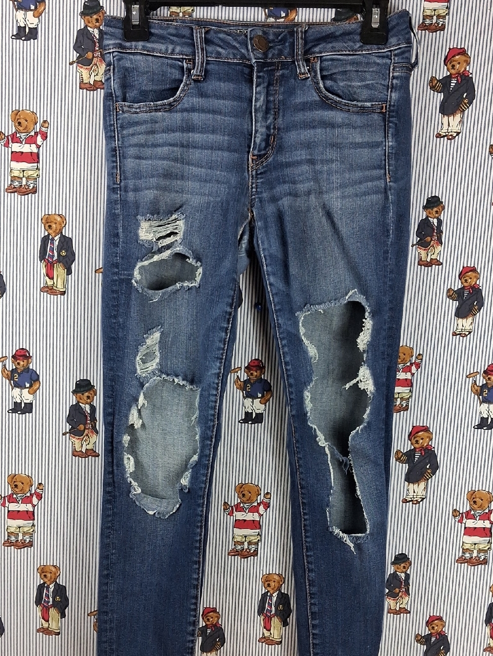 Women's American Eagle Super Stretch X Low Rise Dark Wash Distressed Sz4 Jegging